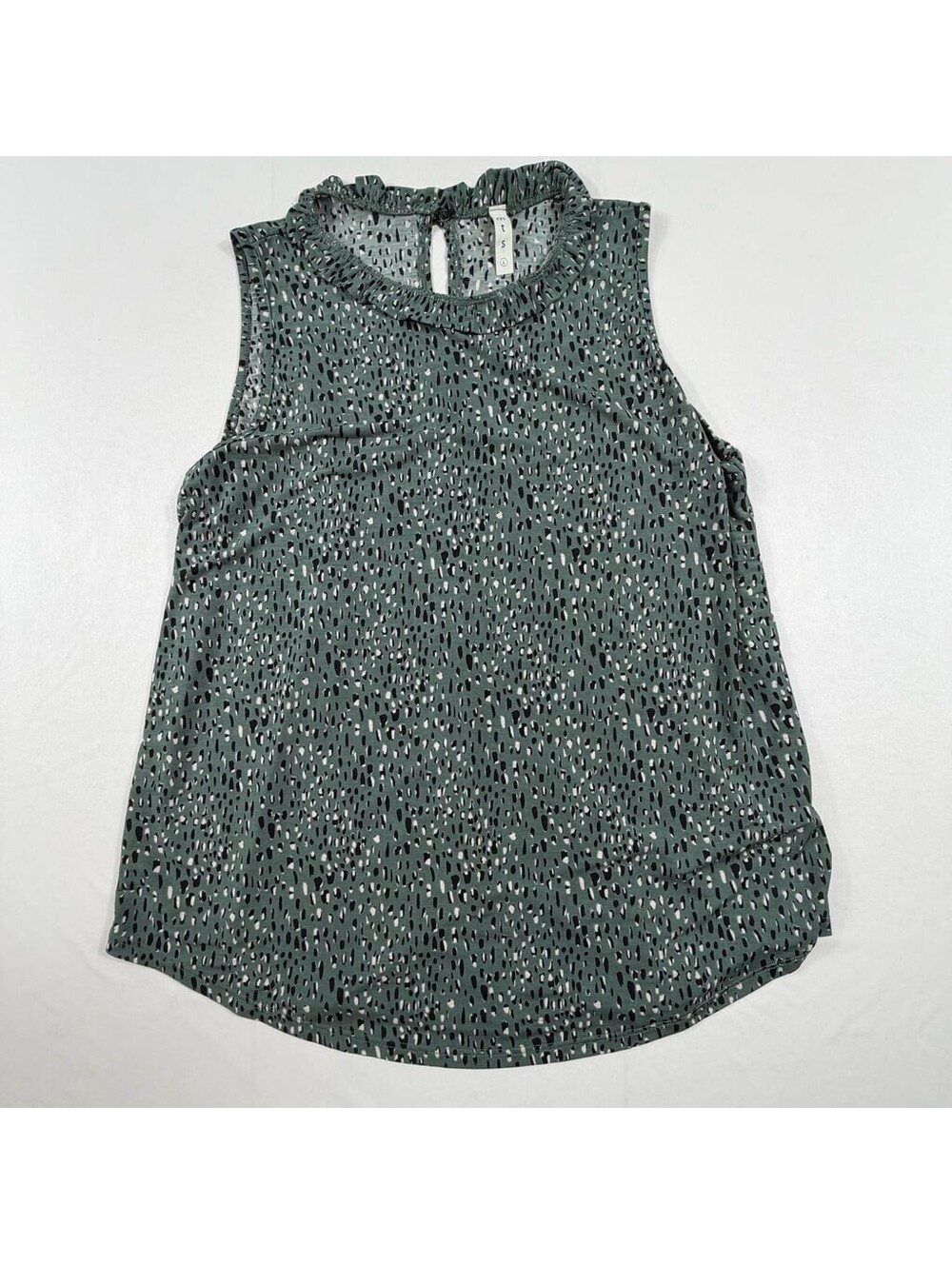 mts Women's Sleeveless Ruffle Neck Tank Top in Green Abstract Print